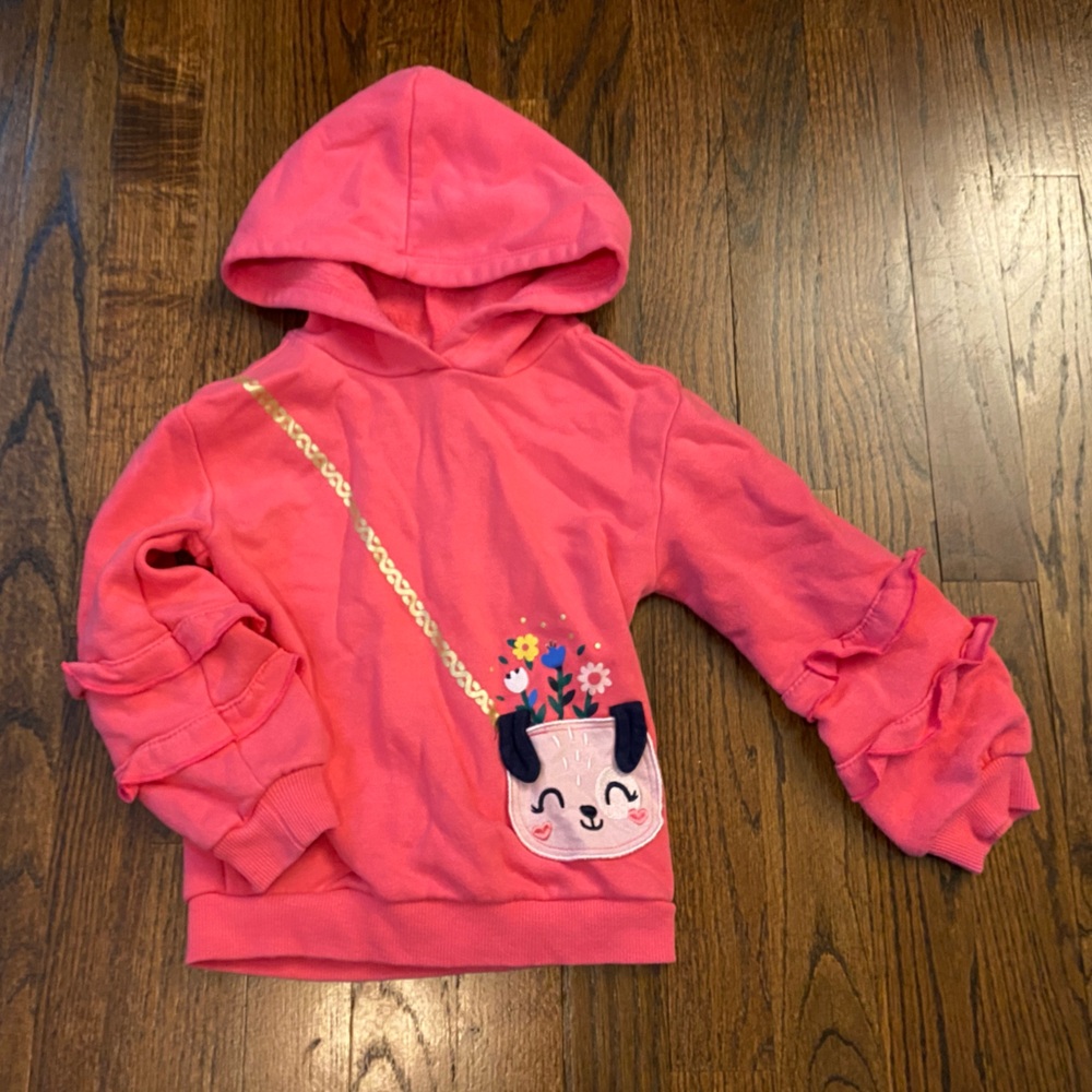 Toddler girl 4T Kids Pink Hooded Sweatshirt with Floral Puppy Pocket book detail